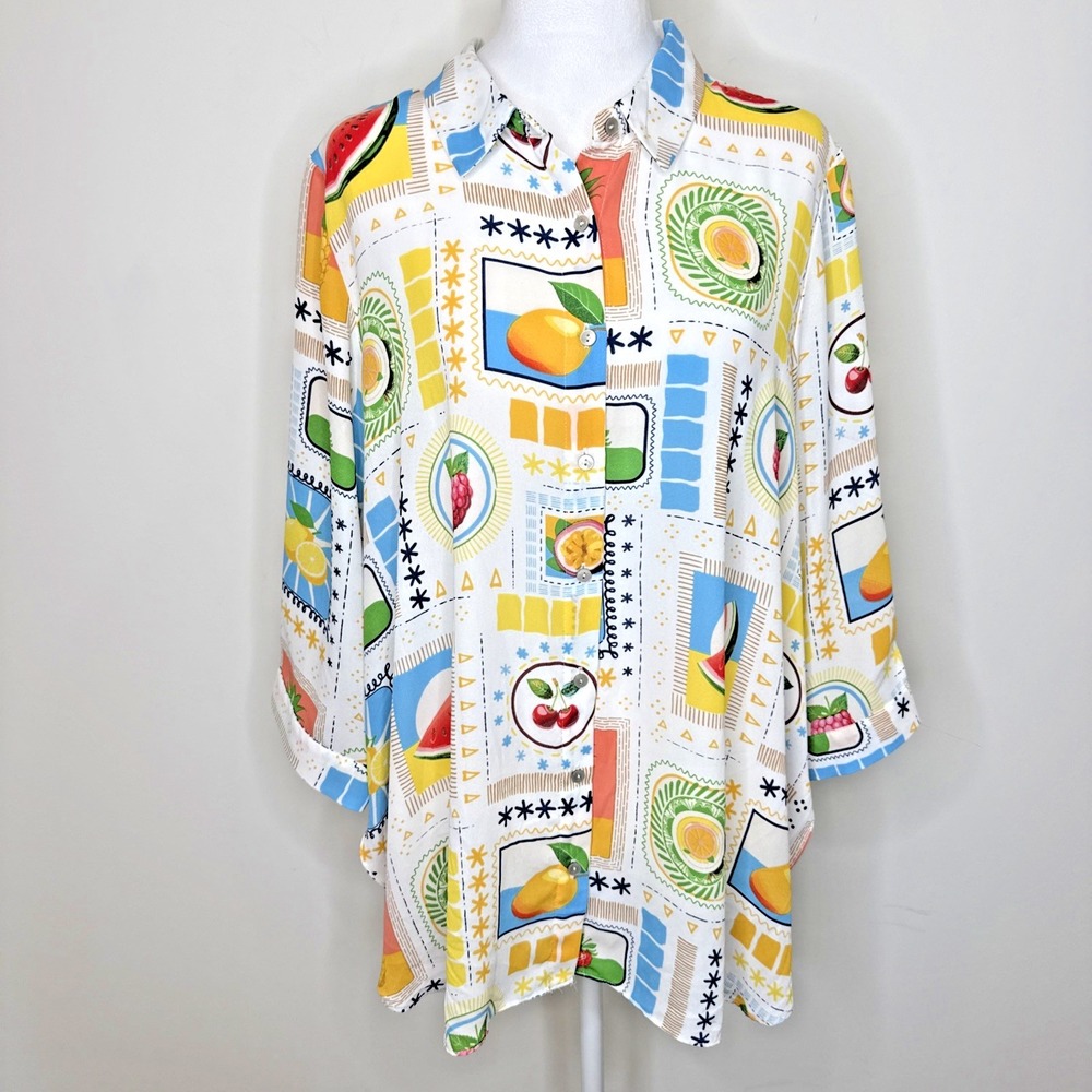 Rose + Olive Fruit Tropical Print Button Blouse Top Womens 1X Coastal Beach Vaca